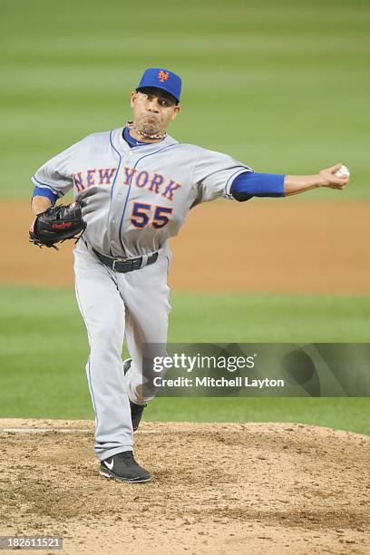 Pedro Feliciano of the New York Mets pitches during a baseball game against the Washington Nationals on August 31, 2013 at Nationals Park in...