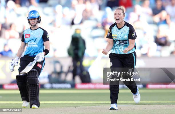 Nicola Hancock of the Brisbane Heat celebrates the wicket of Katie Mack of the Adelaide Strikers for 3 runs during the WBBL Final match between...