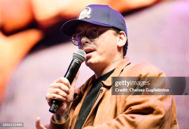 Logic speaks during KROQ Friday Night Live at Los Angeles Comic Con at Los Angeles Convention Center on December 01, 2023 in Los Angeles, California.