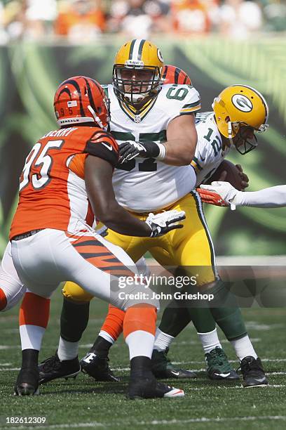 Don Barclay of the Green Bay Packers pass blocks during the game against the Cincinnati Bengals at Paul Brown Stadium on September 22, 2013 in...