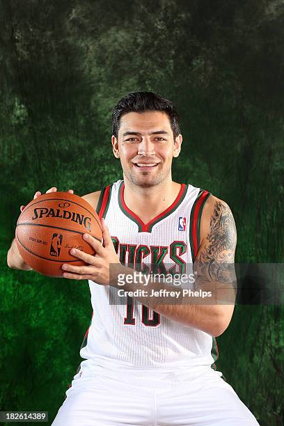Carlos Delfino of the Milwaukee Bucks poses for a portrait during media day on September 30, 2013 at the Bucks Training Center in St. Francis,...