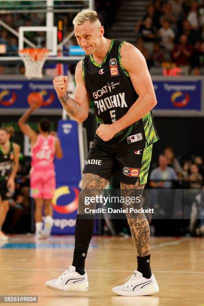 Mitchell Creek of the Phoenix celebrates during the round nine NBL match between South East Melbourne Phoenix and New Zealand Breakers at John Cain...