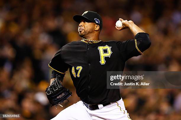 Francisco Liriano of the Pittsburgh Pirates pitches in the first inning against the Cincinnati Reds during the National League Wild Card game at PNC...