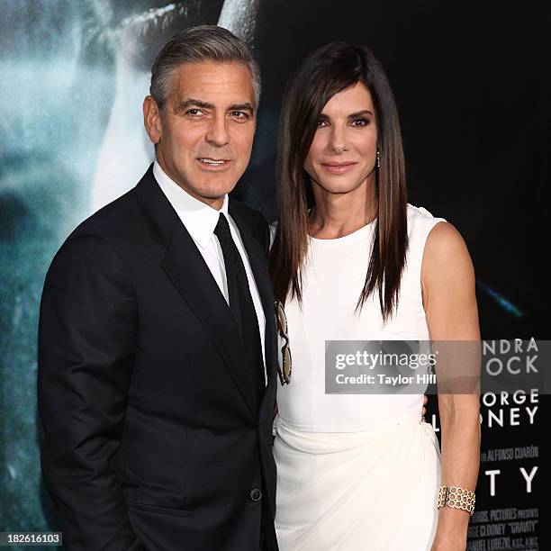 Actors George Clooney and Sandra Bullock attend the "Gravity" premiere at AMC Lincoln Square Theater on October 1, 2013 in New York City.