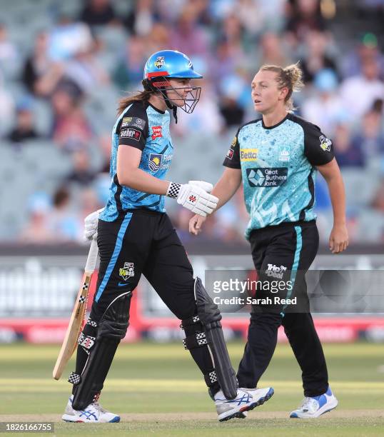 Nicola Hancock of the Brisbane Heat celebrates the wicket of Tahlia McGrath of the Adelaide Strikers for 38 runs during the WBBL Final match between...