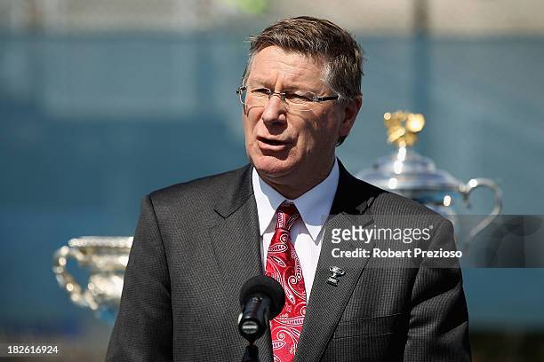 Premier of Victoria Denis Napthine speaks during the official launch of the 2014 Australian Open at Melbourne Park on October 2, 2013 in Melbourne,...