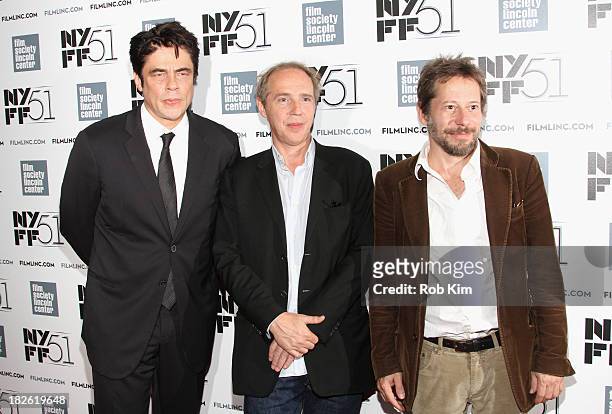 Actor Benicio del Toro, director Arnaud Desplechin, and actor Mathieu Amalric attend the "Jimmy P: Psychotherapy Of A Plains Indian" premiere during...