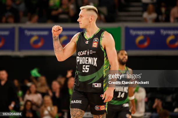 Mitchell Creek of the Phoenix celebrates on the final buzzer after winning the round nine NBL match between South East Melbourne Phoenix and New...