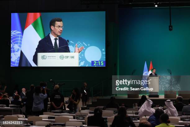 Ulf Kristersson, Prime Minister of Sweden, speaks during day two of the high-level segment of the UNFCCC COP28 Climate Conference at Expo City Dubai...