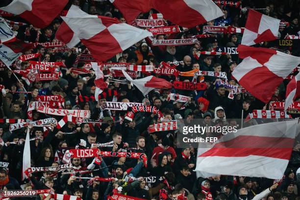Fans of Lille during the Ligue 1 Uber Eats match between Lille Olympique Sporting Club and Football Club de Metz at Stade Pierre Mauroy on December...