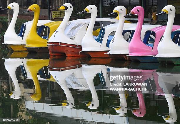 Fleet of paddle boats wait for customers at a boathouse in Maharagama, on the outskirts of Colombo on October 2, 2013. Sri Lanka is sprucing up the...