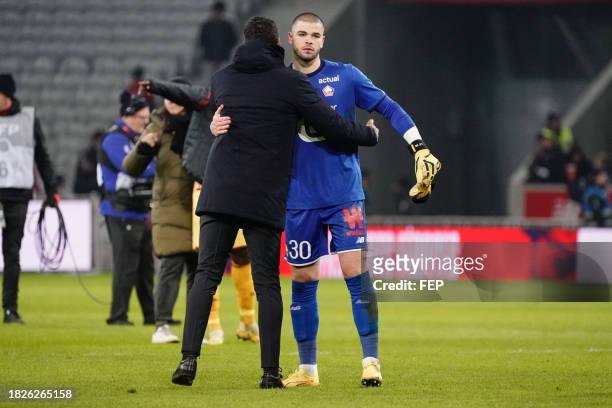 Paulo FONSECA head coach of Lille and Lucas CHEVALIER of Lille during the Ligue 1 Uber Eats match between Lille Olympique Sporting Club and Football...