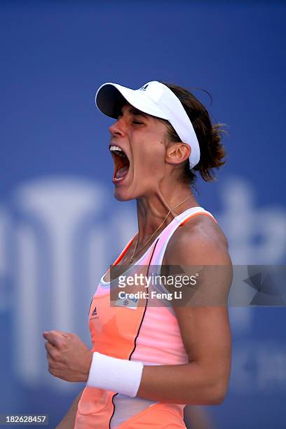 Andrea Petkovic of Germany celebrates during her women's singles match against Svetlana Kuznetsova of Russia on day five of the 2013 China Open at...