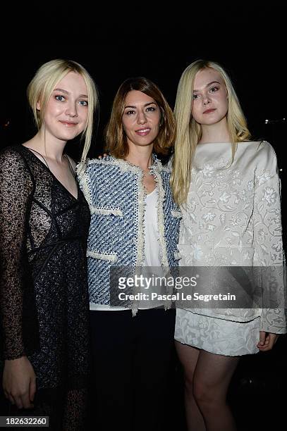 Dakota Fanning, Sofia Coppola and Elle Fanning attend the Louis Vuitton show as part of the Paris Fashion Week Womenswear Spring/Summer 2014 at Le...
