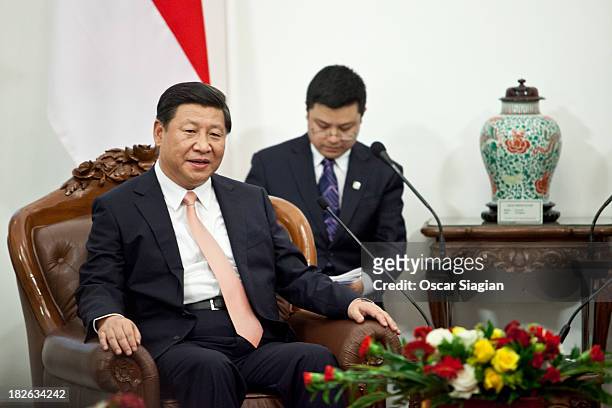 President of the people's Republic of China , Xi Jinping attends a bilateral meeting at the Presidential Palace on October 2, 2013 in Jakarta,...