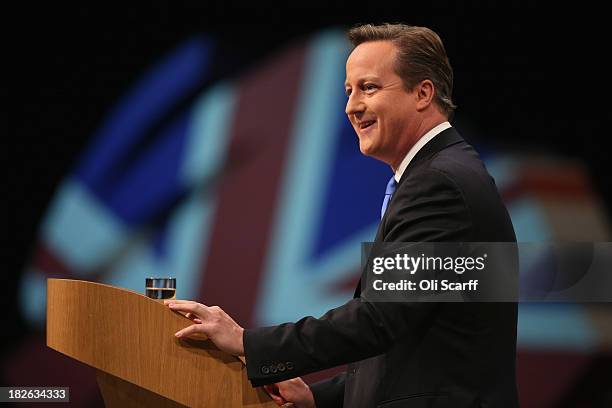 British Prime Minister David Cameron delivers his keynote speech on the last day of the annual Conservative Party Conference at Manchester Central on...