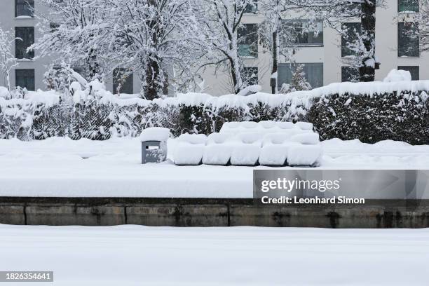 The train station of Moosach following a heavy snowfall on December 02, 2023 in Munich, Germany. A deluge of snow has forced cancellations of rail...