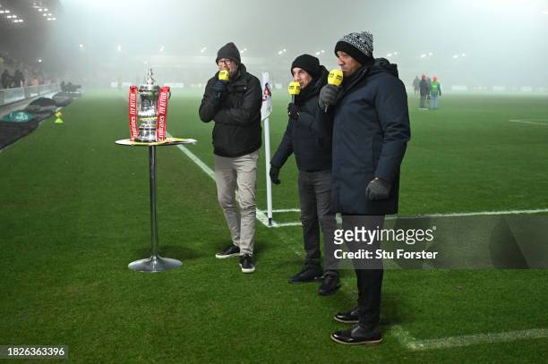 Television and Radio Presenter Mark Chapman on the mic with pundits Leon Osman and Dion Dublin during the Emirates FA Cup Second Round match between...