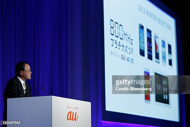 Takashi Tanaka, president of KDDI Corp., speaks during a product launch event for the company's "au" brand of smartphones in Tokyo, Japan, on...