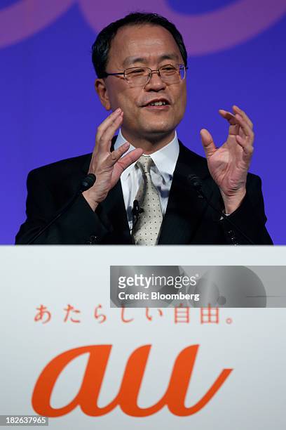 Takashi Tanaka, president of KDDI Corp., speaks during a product launch event for the company's "au" brand of smartphones in Tokyo, Japan, on...