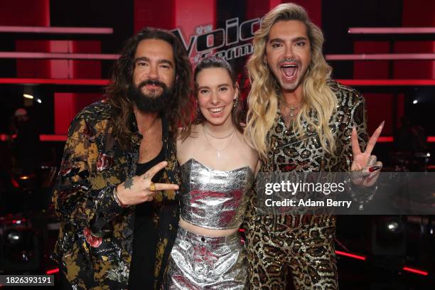 Tom Kaulitz, Malou Lovis Kreyelkamp, and Bill Kaulitz participate in the "The Voice of Germany" 13th Season Semi-Finals on December 01, 2023 in...