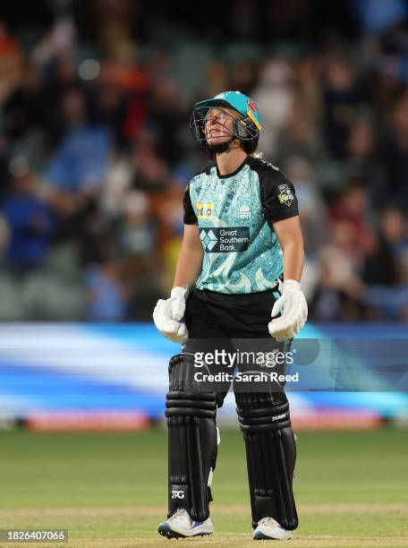 Nicola Hancock of the Brisbane Heat reacts to the loss during the WBBL Final match between Adelaide Strikers and Brisbane Heat at Adelaide Oval, on...