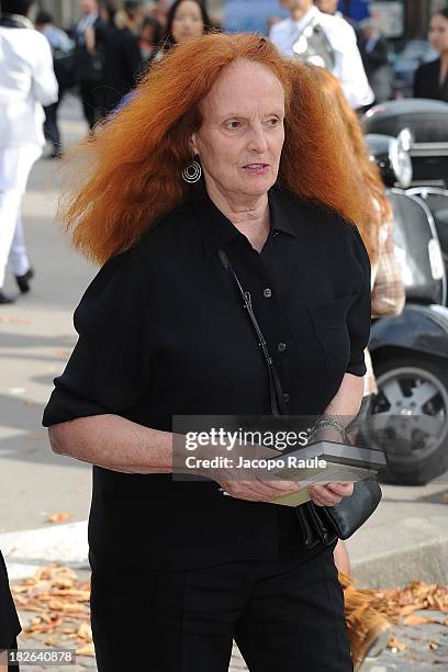 Grace Coddington arrives at Miu Miu Fashion Show during Paris Fashion Week Womenswear SS14 - Day 9 on October 2, 2013 in Paris, France.