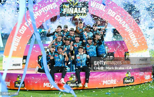 The Adelaide Strikers celebrate on the podium after winning the WBBL Final match between Adelaide Strikers and Brisbane Heat at Adelaide Oval, on...