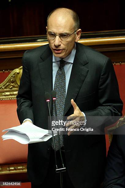 Prime Minister Enrico Letta delivers a speech prior to the confidence vote for his government at the Italian Senate, Palazzo Madama on October 2,...