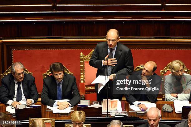 Prime Minister Enrico Letta delivers a speech prior to the confidence vote for his government at the Italian Senate, Palazzo Madama on October 2,...