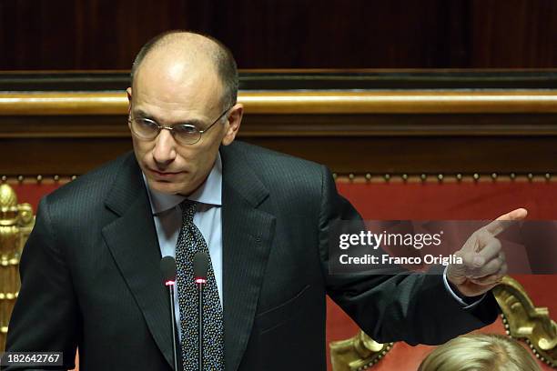 Prime Minister Enrico Letta holds a speech prior to the confidence vote for his government at the Italian Senate, Palazzo Madama on October 2, 2013...