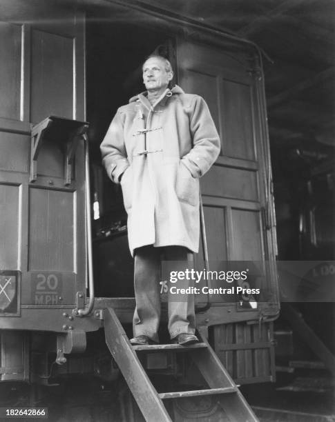 Field Marshal Bernard Montgomery on the steps of one of the three caravans he previously used during World War II, in the grounds of Amesbury School...