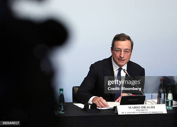 Mario Draghi, president of the European Central Bank , speaks during the ECB's interest rate news conference held at the Banque de France...