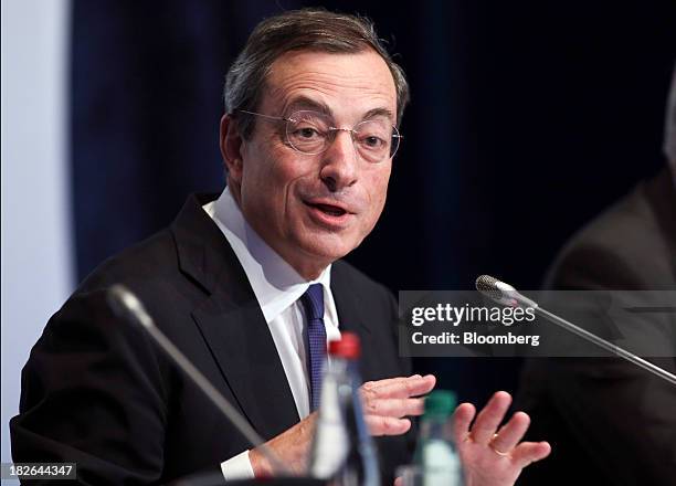 Mario Draghi, president of the European Central Bank , speaks during the ECB's interest rate news conference held at the Banque de France...