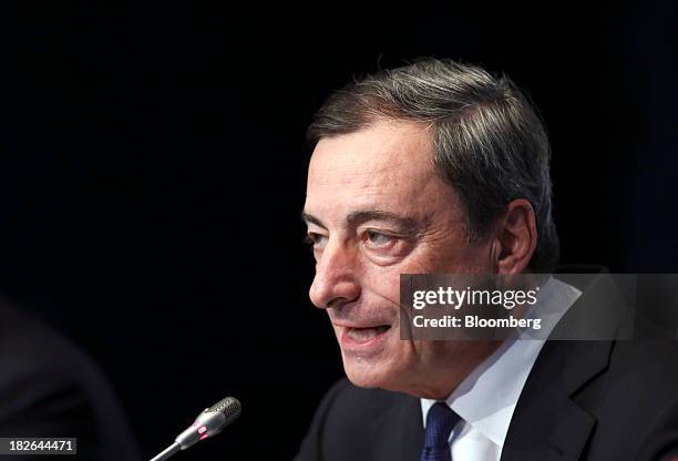 Mario Draghi, president of the European Central Bank , speaks during the ECB's interest rate news conference held at the Banque de France...