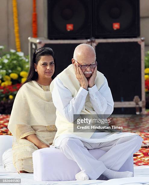 Senior leader L K Advani and his daughter Pratibha Patil paying homage to the Father of the Nation Mahatma Gandhi on the occasion of his 144th birth...