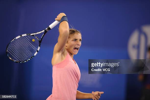 Sara Errani of Italy returns a ball to Petra Kvitova of Czech Republic on day five of the 2013 China Open at National Tennis Center on October 2,...