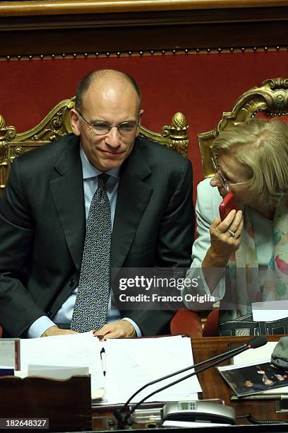 Prime Minister Enrico Letta and Foreign Minister Emma Bonino chat during the confidence vote for their government at the Italian Senate, Palazzo...