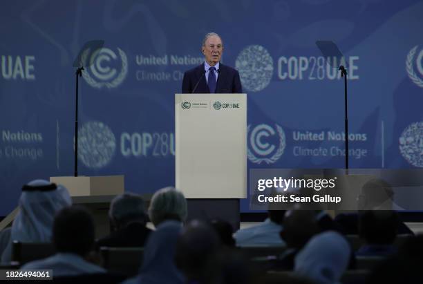 Michael Bloomberg speaks at a presentation of the Industrial Transition Accelerator during day two of the high-level segment of the UNFCCC COP28...