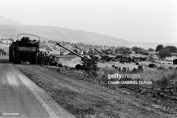 Israeli troops, with anti-aircraft guns, make a stop as going towards the Syrian Golan Heights, on October 12, 1973 during the 1973 Arab-Israeli War....