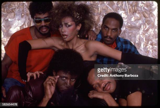 Group portrait of the members of American rhythm & blues and funk band Cameo, 1984.