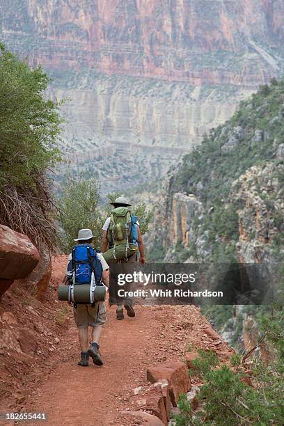 two young hikers with backpacks hiking on a trail. - versante nord del grand canyon foto e immagini stock