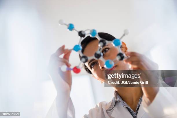 indian scientist examining molecular model in lab - women in stem foto e immagini stock