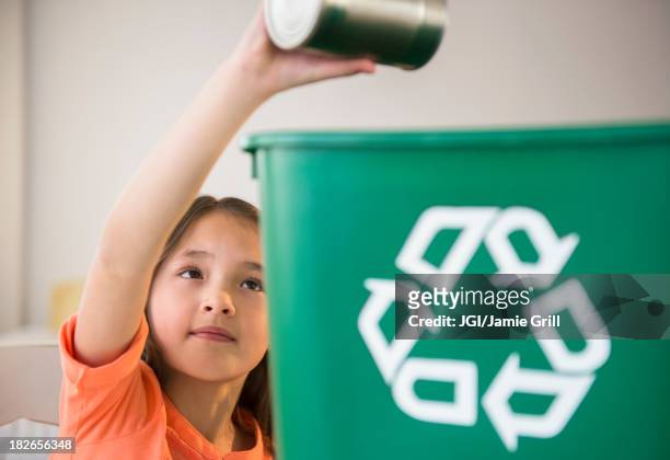 mixed race girl recycling can - mixed recycling bin stock pictures, royalty-free photos & images