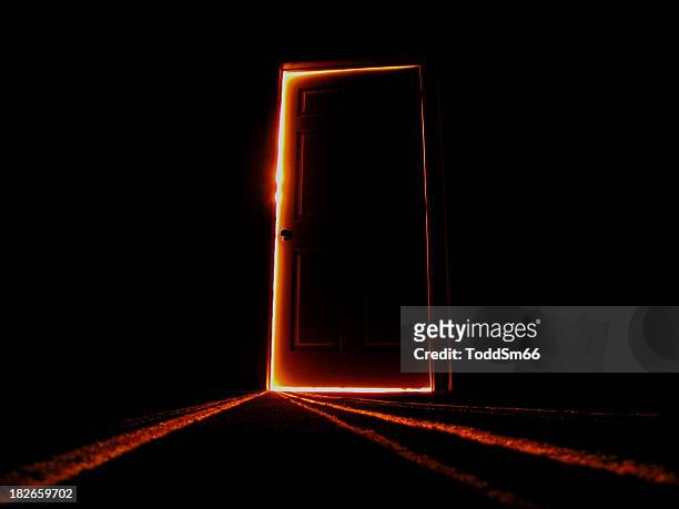 late night image of a slightly open door - spooky stock pictures, royalty-free photos & images