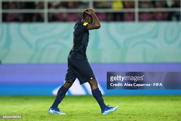 Nhoa Sangui of France reacts after missing a penalty in the penalty shootout during the FIFA U-17 World Cup Final match between Germany and France at...