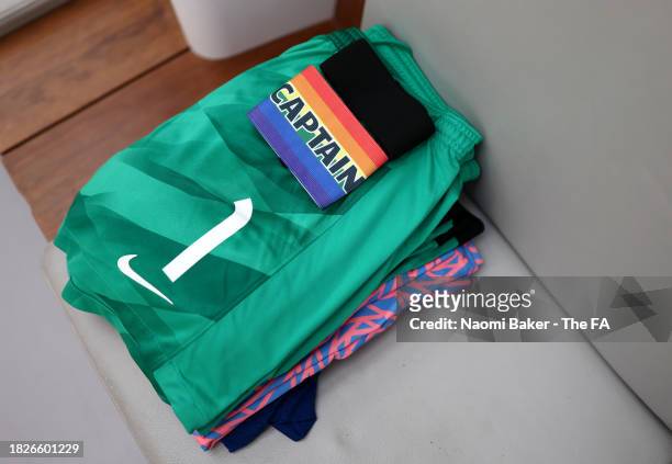 The captains armband is seen on the kit of Mary Earps of England in the England dressing room prior to the UEFA Womens Nations League match between...