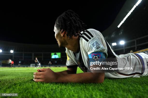 Paris Brunner of Germany celebrates victory in the penalty shoot out at full-time after the FIFA U-17 World Cup Final match between Germany and...