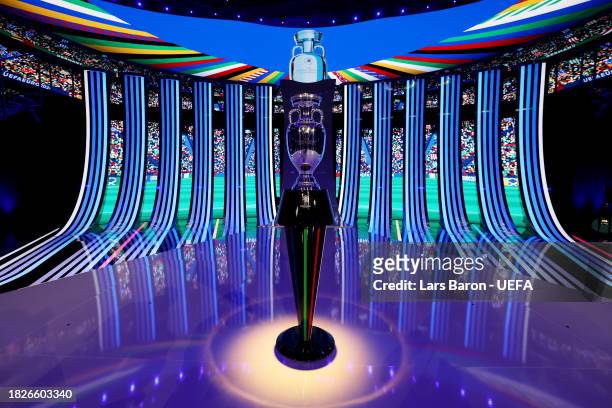 The UEFA EURO 2024 trophy is seen on stage prior to the UEFA EURO 2024 Final Tournament Draw at Elbphilharmonie on December 02, 2023 in Hamburg,...
