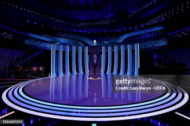 The UEFA EURO 2024 trophy is seen on stage prior to the UEFA EURO 2024 Final Tournament Draw at Elbphilharmonie on December 02, 2023 in Hamburg,...